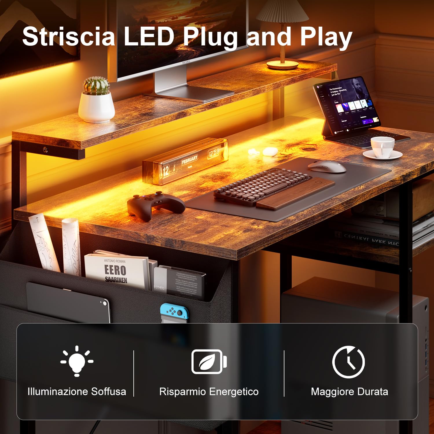 SOLAVERO Scrivania, 100 x 48 cm Scrivania Computer Piccola con Supporto per Monitor, tavolo gaming con Borsa Portaoggetti, Scaffali Regolabili, per Ufficio Domestico, Studio e Gioco, Marrone