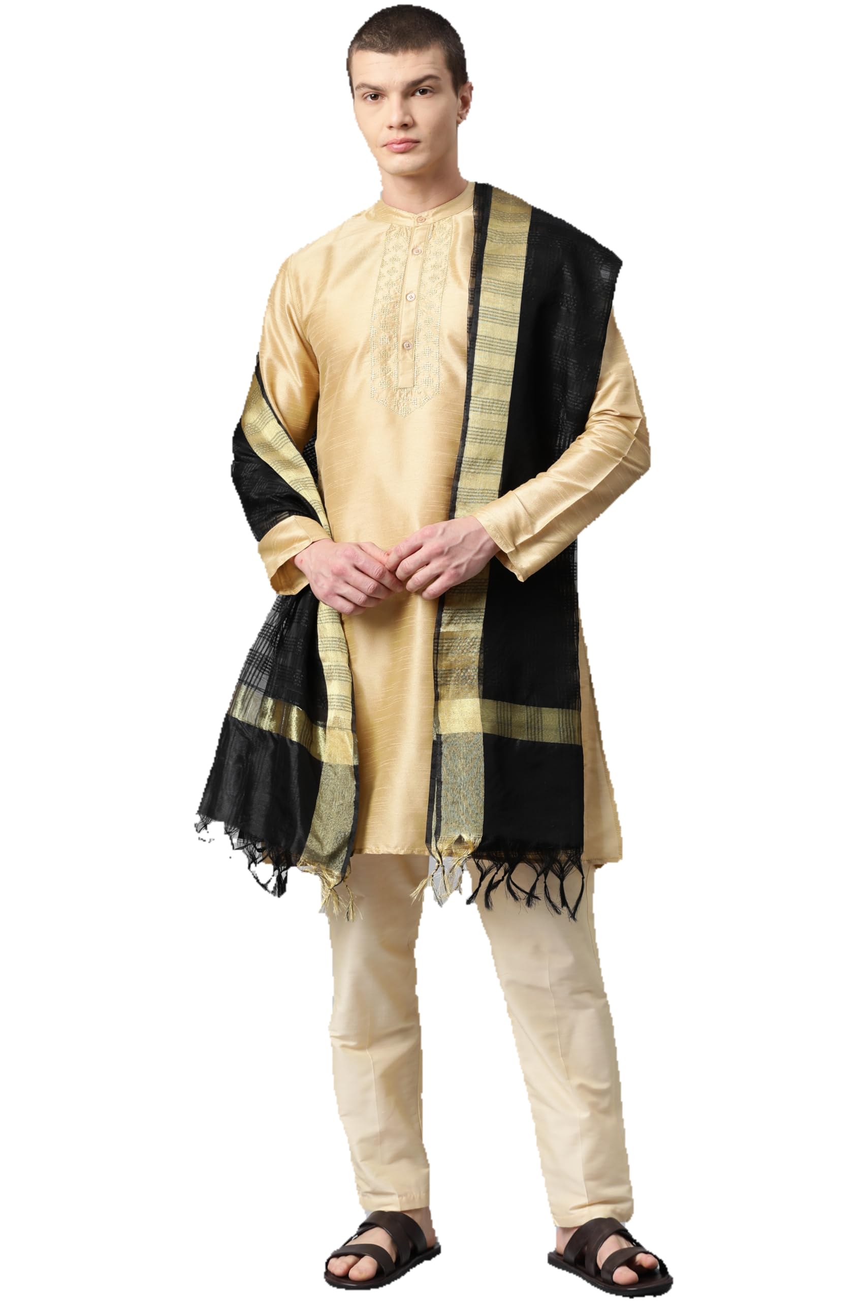 Weavers Villa Poly Silk Black Ethnic Woven Striped Dupatta For Men (2.20 Mtrs)