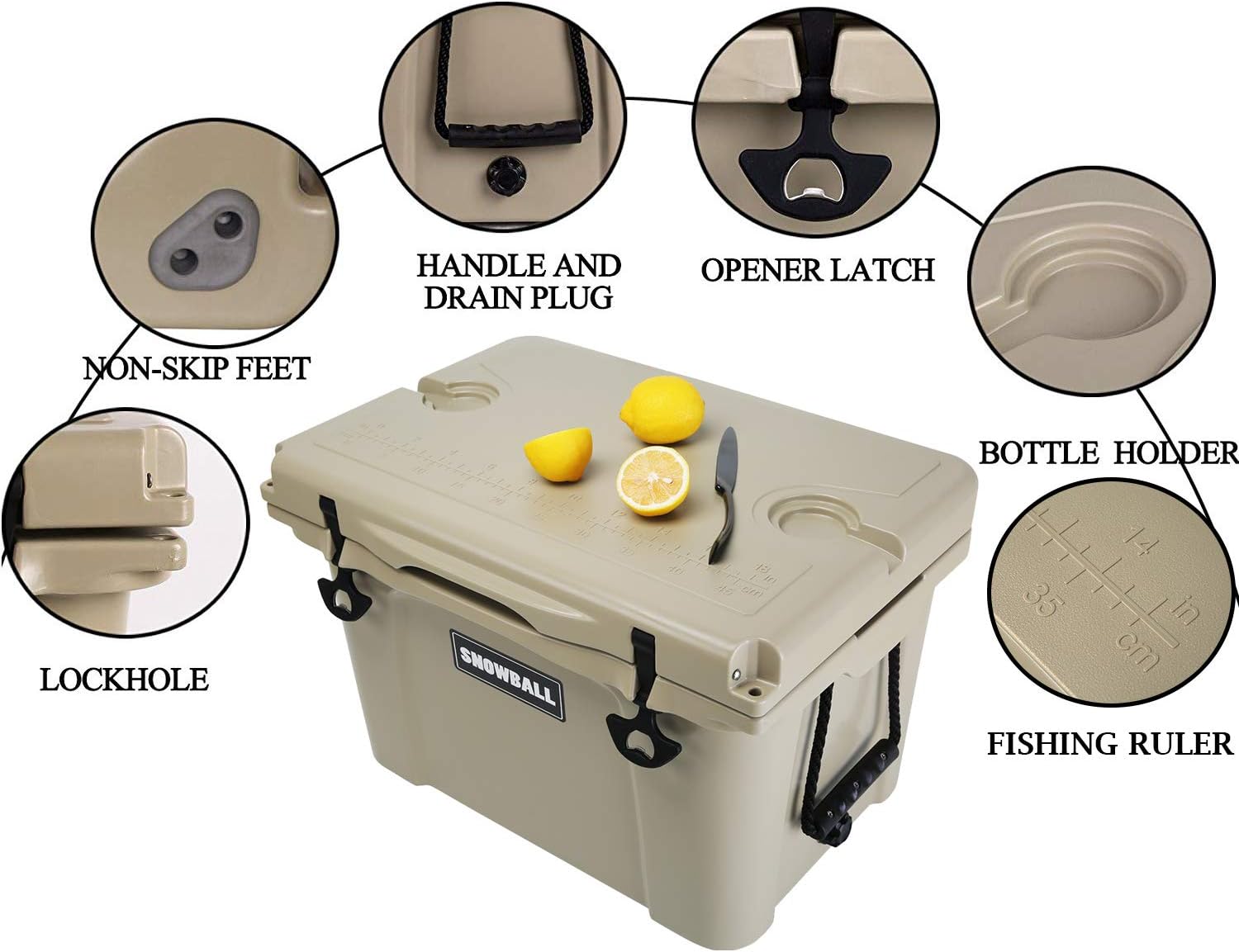 Snowball Portable Cooler with Handle, Hard Rotomolded Insulation Ice Chest for Camping, Fishing, Hunting, BBQs & Outdoor Activities