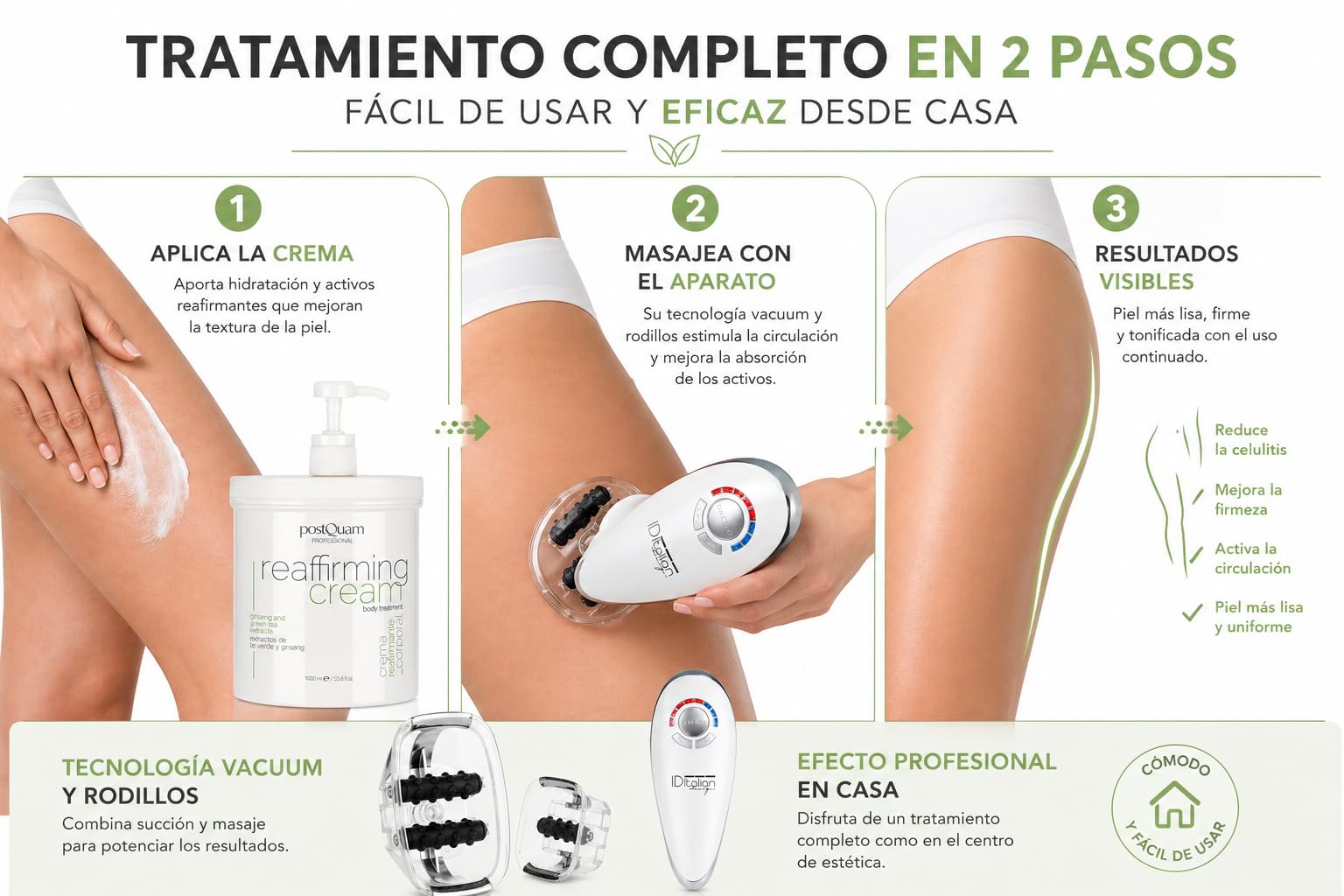 PostQuam Professional - Tratamiento Anticelulitis Completo en Casa – Crema Reafirmante 1000 ml + Masajeador Corporal Vacuum – Reduce Celulitis, Activa Circulación y Mejora la Firmeza de la Piel