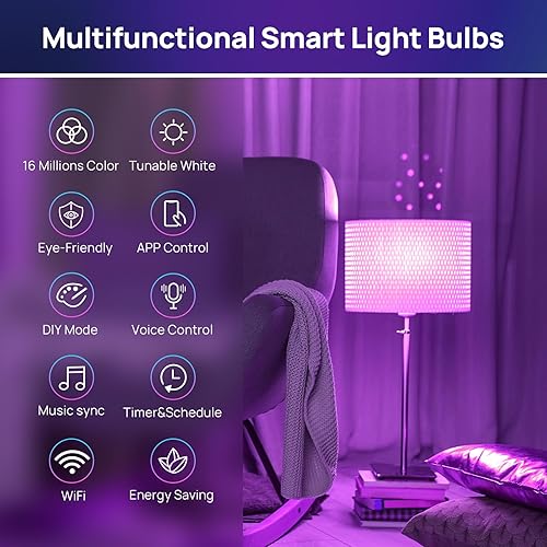 Miniatura 7 de Consciot Bombillas inteligentes, bombilla LED WiFi que funciona con Alexa y Google Home, sincronización de música, bombilla que cambia de color,