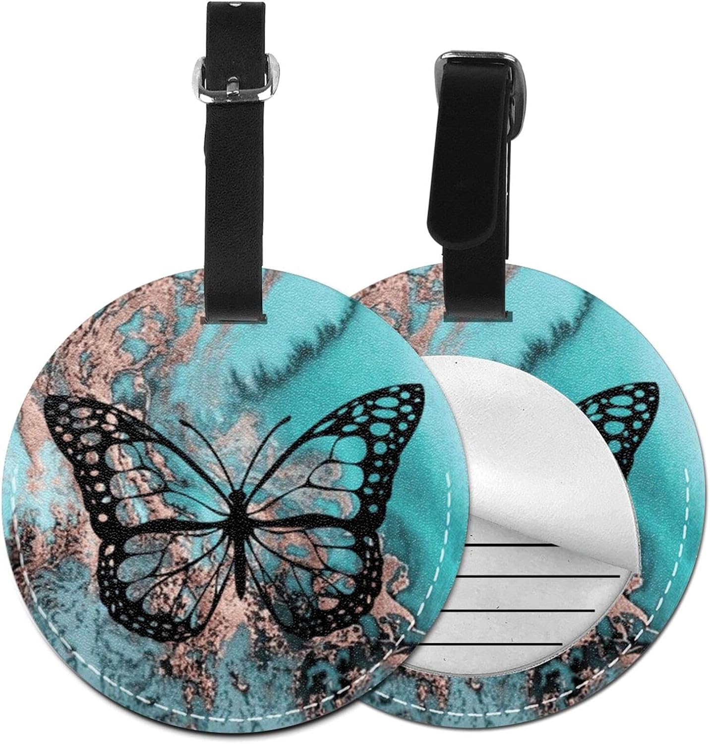 Luggage Tag Black Butterfly Teal Rose Gold Marble, Pu Leather Bag Travel Suitcases Id Identifier Baggage Label for Women Men Boys Girls