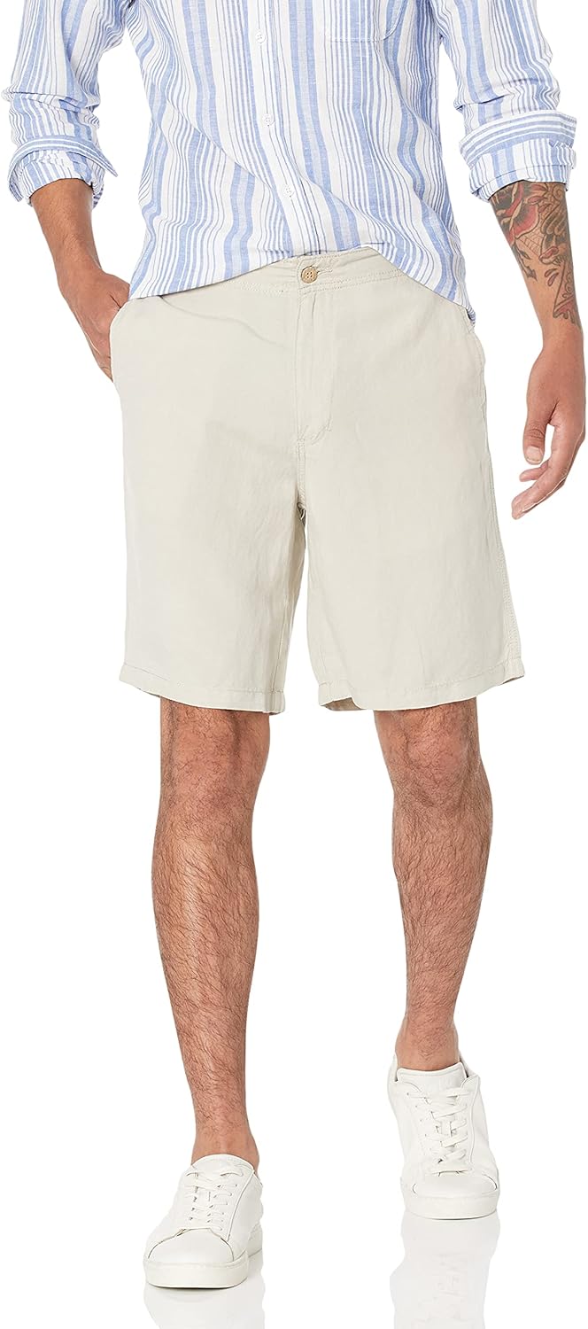 Amazon Essentials Men's Classic-Fit Flat-Front 9" Linen Short Medium Light Beige