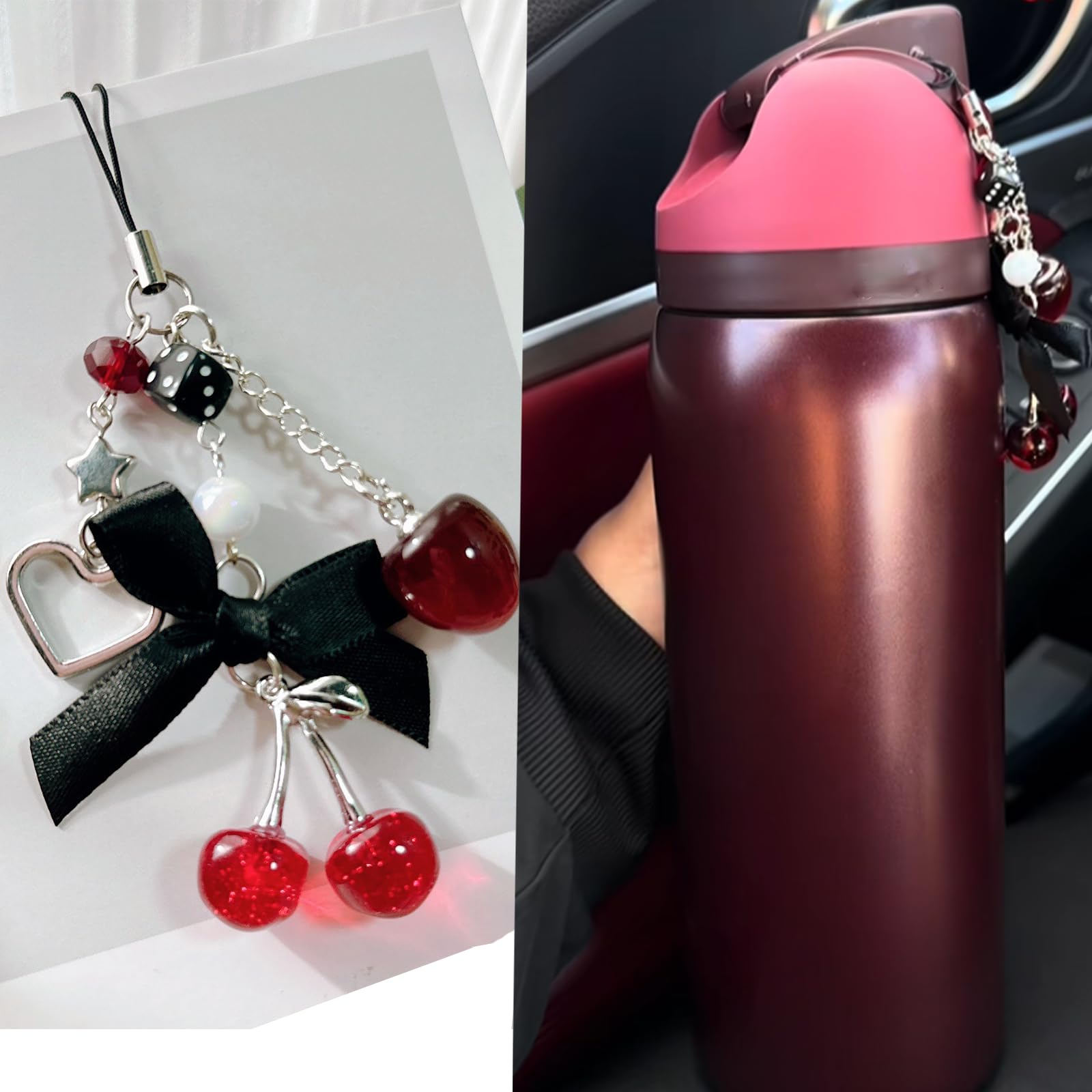 Black Cherry for Owala Water Bottle 16oz, 19oz, 24 oz, 32 oz, 40 oz, Black Red Cherry with Cute Cherries and Bow Pendant - Perfect Accessories for Owala Tumbler | for Owala FreeSip, Decor Gift