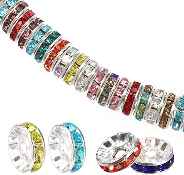 100 Pcs 10mm Large Hole Rhinestone Spacer Beads, Silver Plated Mix Colors Bead 0.12 in Hole Rondelle Crystal Rhinestone Spacer Loose Beads for Jewelry Making DIY Bracelets Necklace Earring Craft