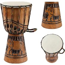 Deep Carved Wood Djembe Drum, 6.5" x 12" Solid Mahogany African Drums with Goatskin Drumhead, West African Styled Professional Hand Drum Percussion Musical Instruments for Adults Beginners