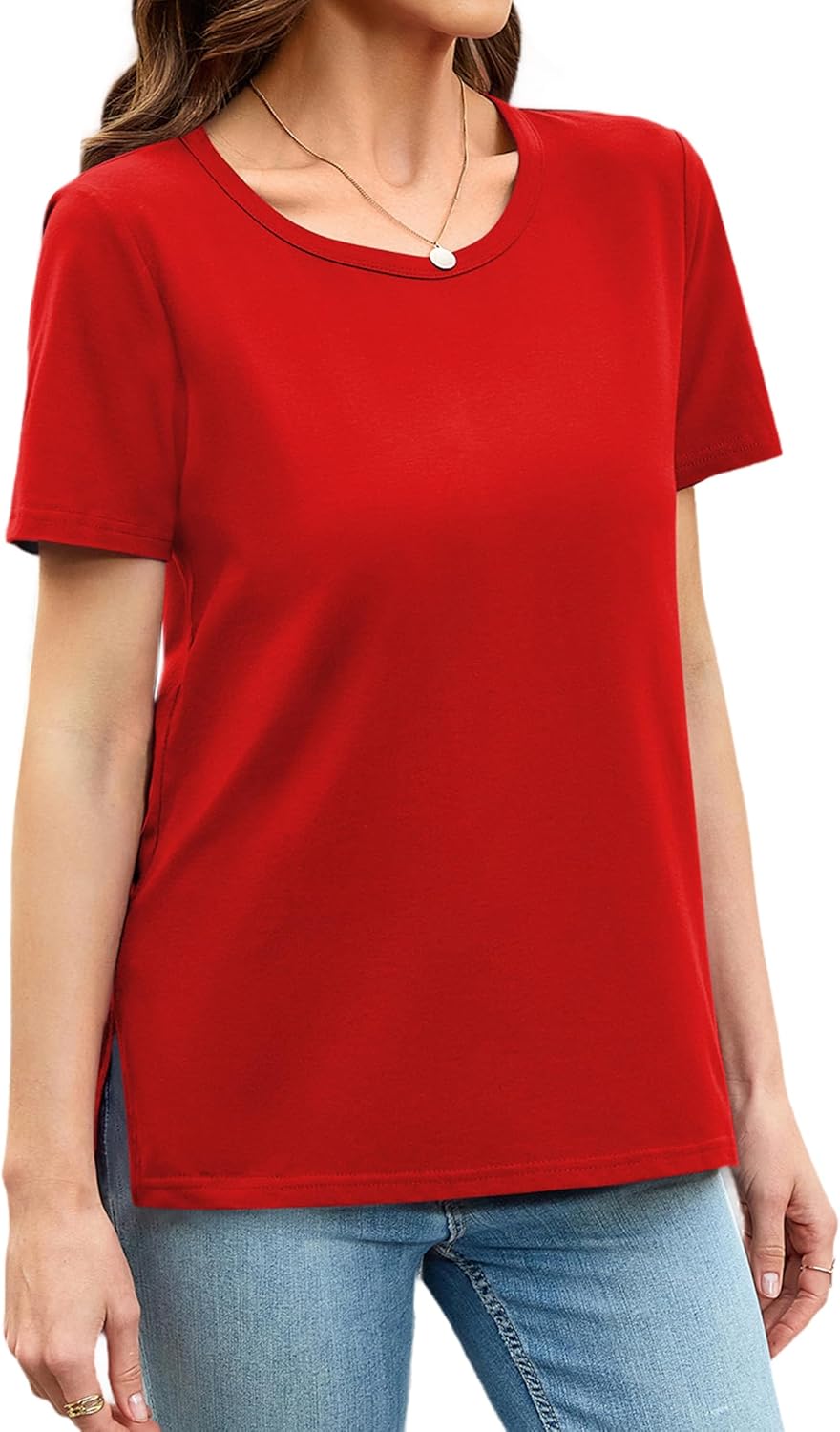 Herou Summer Women Casual Short Sleeve Tops T-Shirts Tees with Side Split
