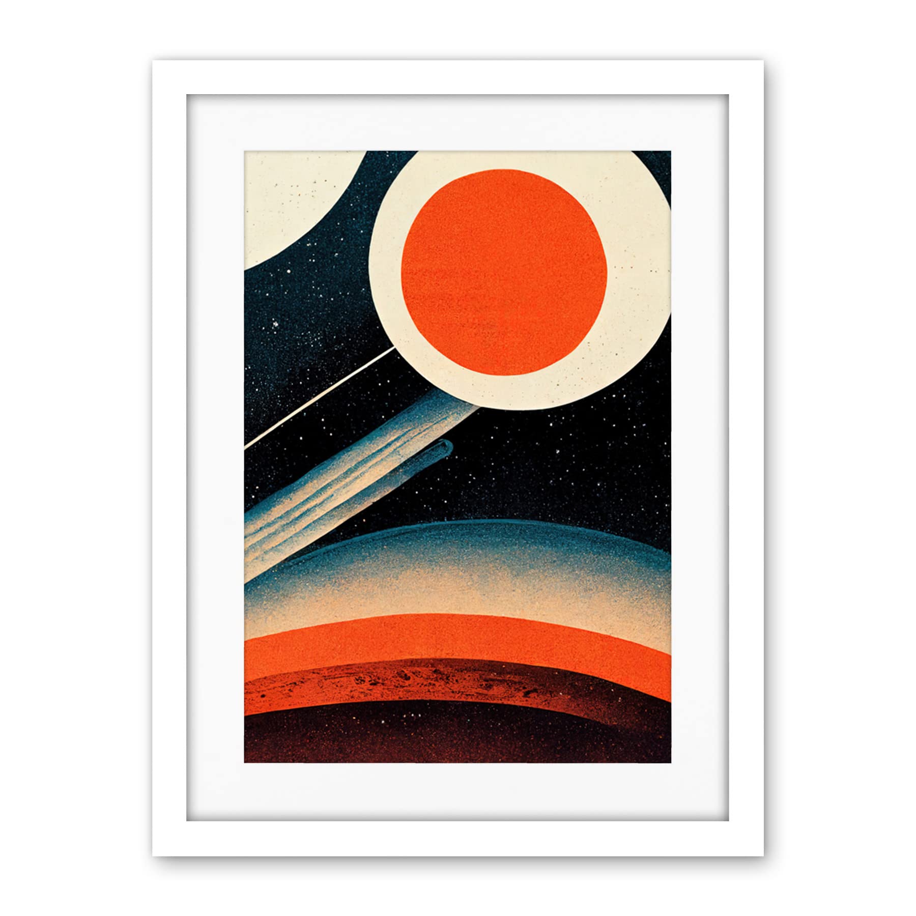 Wee Blue Coo Retro Boho Space Starscape Abstract Mid Century Style Navy Teal Orange Cream Artwork Framed Wall Art Print 18X24 Inch