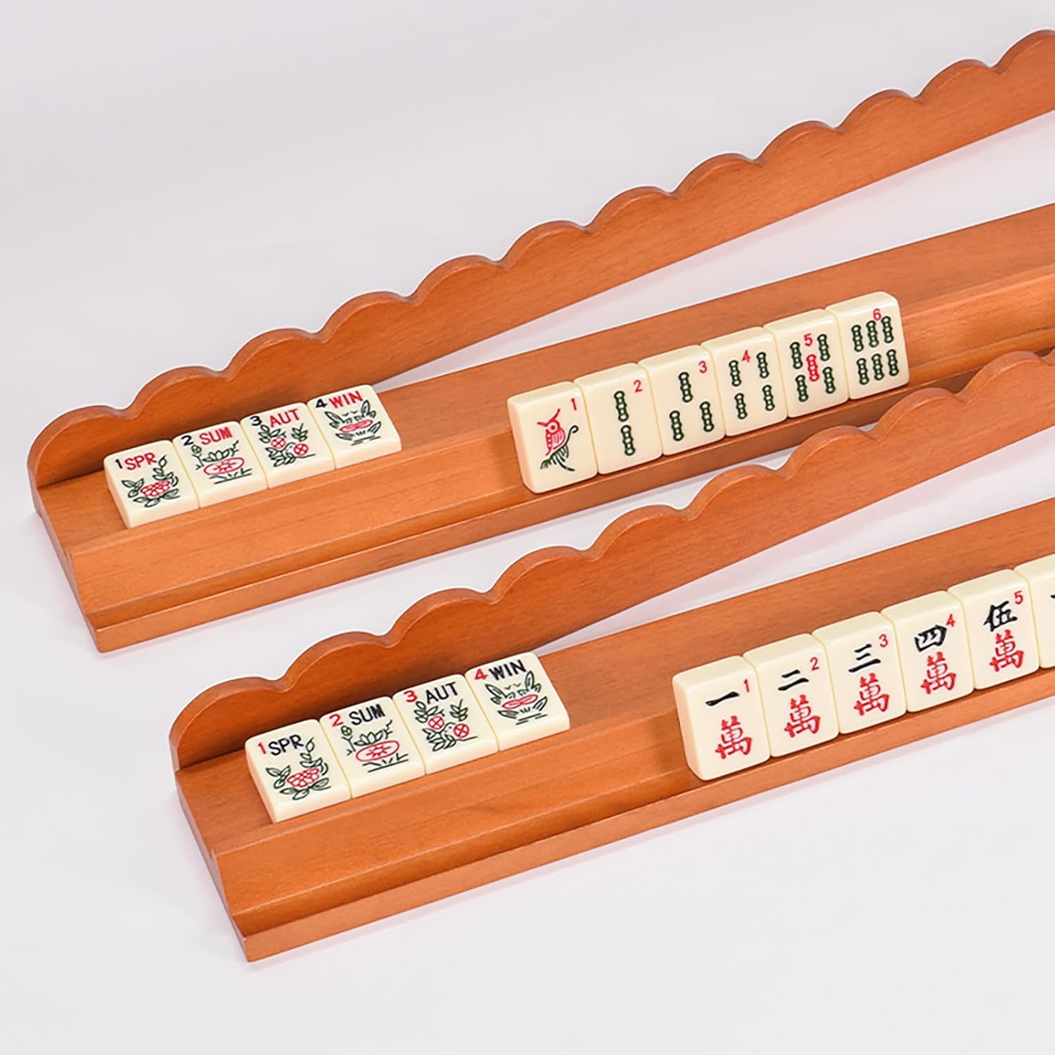 4 Pcs Wooden Mahjong Racks and Pushers 17 Inches All-in-One Wave Style Magnetic Mahjong Tile Holders