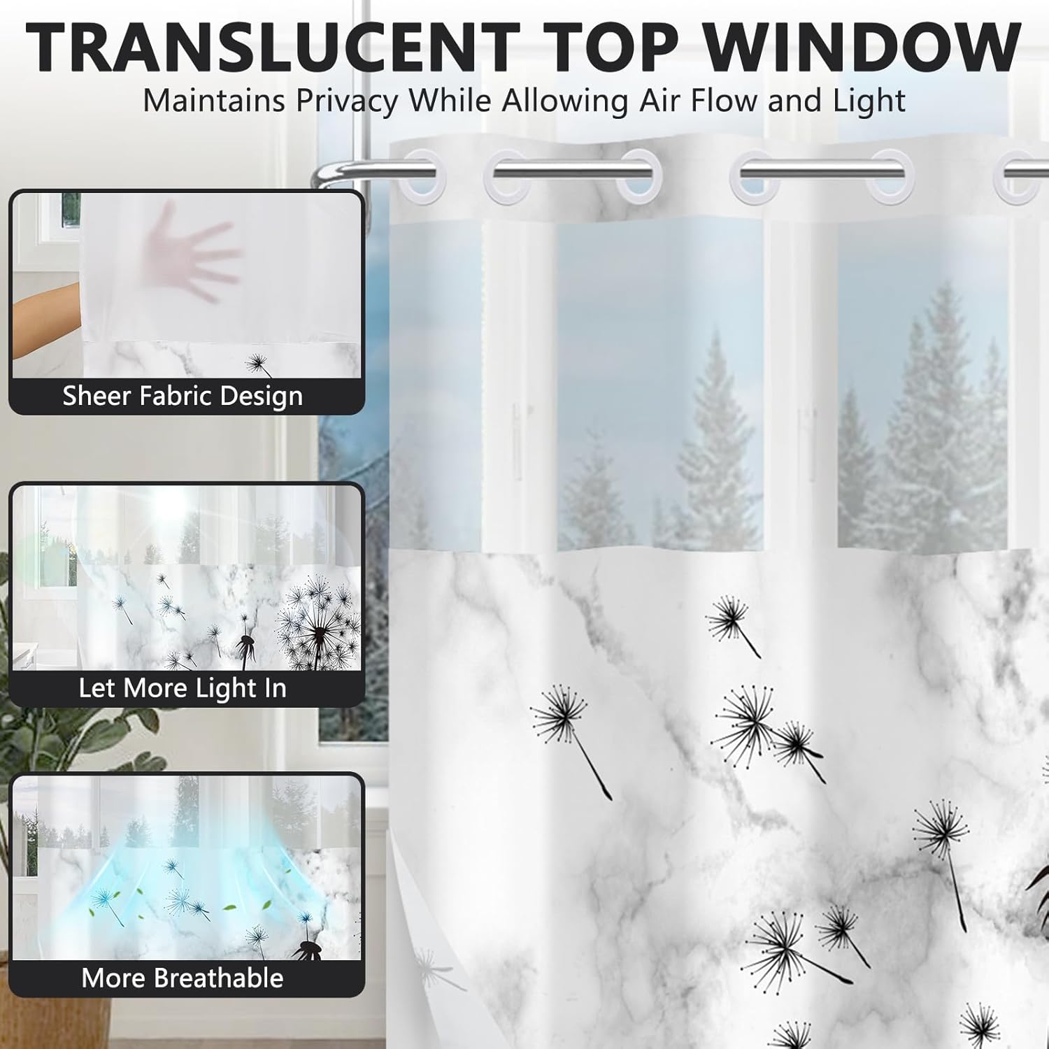 No Hook Bathroom Shower Curtain with Snap in Liner, Black and White Shower Curtain with See Through Window, Artistic Wandering Dandelion Pattern Waterproof Shower Curtains for Bathroom, 71x74 Inches