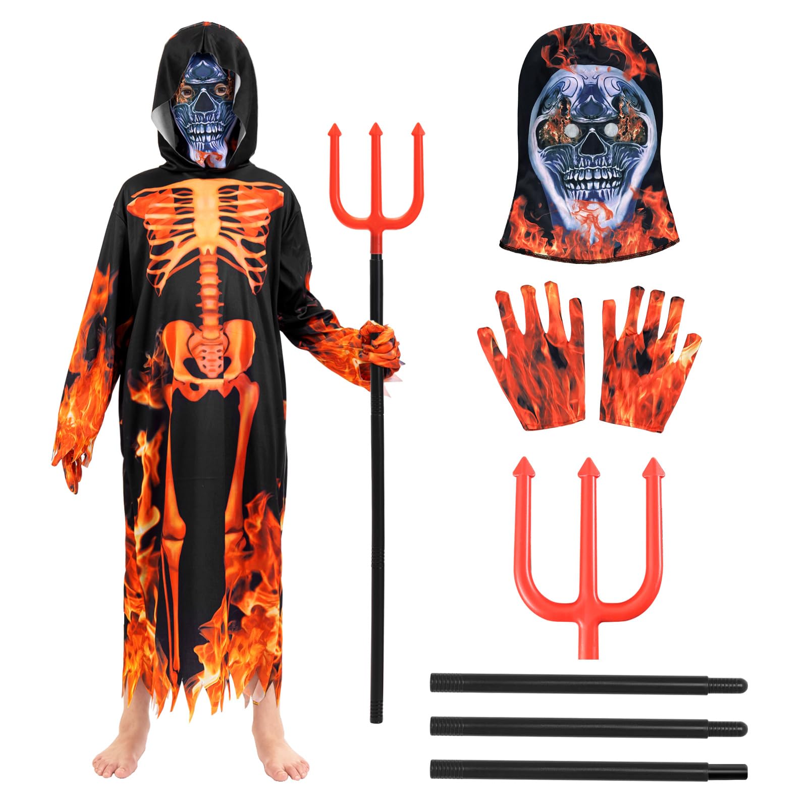 DVDGSC Children's Devilish Skeleton Costume: Grim Reaper Costume for Boys - Robe with Hood Skull Mask Gloves Trident - Fire Red Devil Skeleton Costume Halloween Carnival Cosplay Set (M)