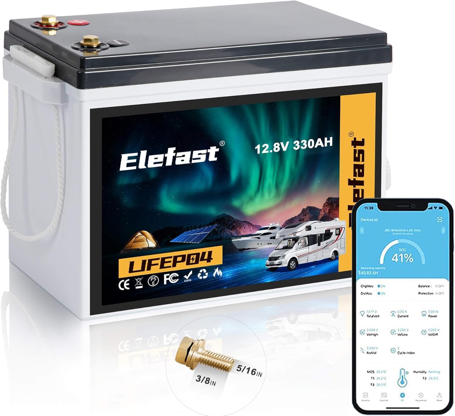 ELEFAST 12V 330AH Lifepo4 Battery, Extra-Large Capacity Lithium RV Battery Built-in 200A BMS & Bluetooth,Support in Series/Parallel,Up to 8000 Deep Cycle.Perfect for RV,Solar Energy,Off-Grid System