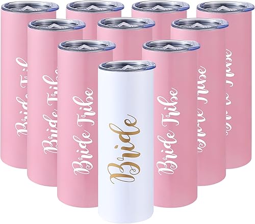 Paquete de 10 vasos de vino de acero inoxidable Bride to Be Skinny de 20 onzas, regalos de boda, tazas de damas de honor, suministros y juegos para