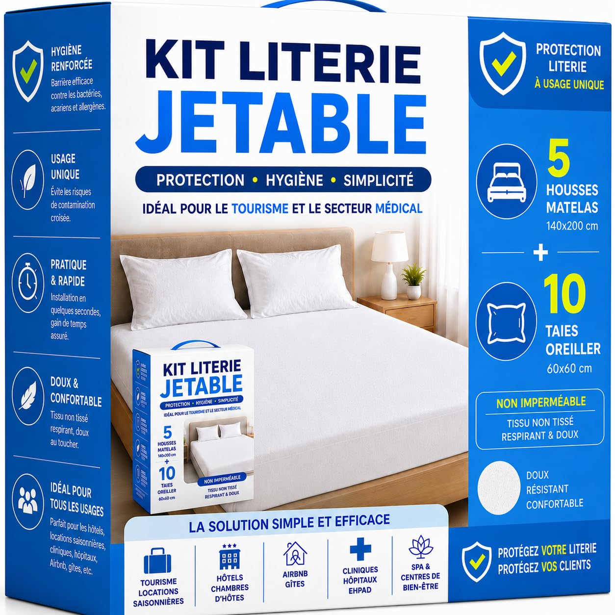 Kit Literie Jetable – 5 Housses Matelas 140x200 cm + 10 Taies Oreiller 60x60 cm – Non Imperméable - Hygiène Literie - Housse Matelas à Usage Unique - Protection Matelas