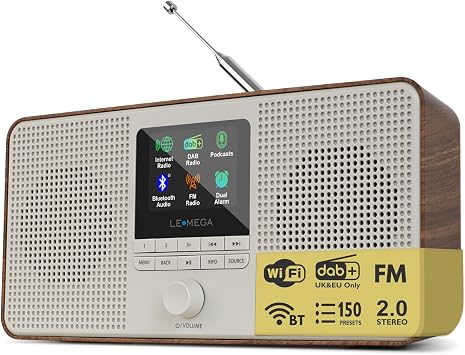 LEMEGA IR4 Pro Internet Radio, FM, Bluetooth 5.3, Podcasts, Walnut | 150 presets across all modes, dual alarm clock, colour display, mains or AA battery, stereo speakers, snooze, sleep timer