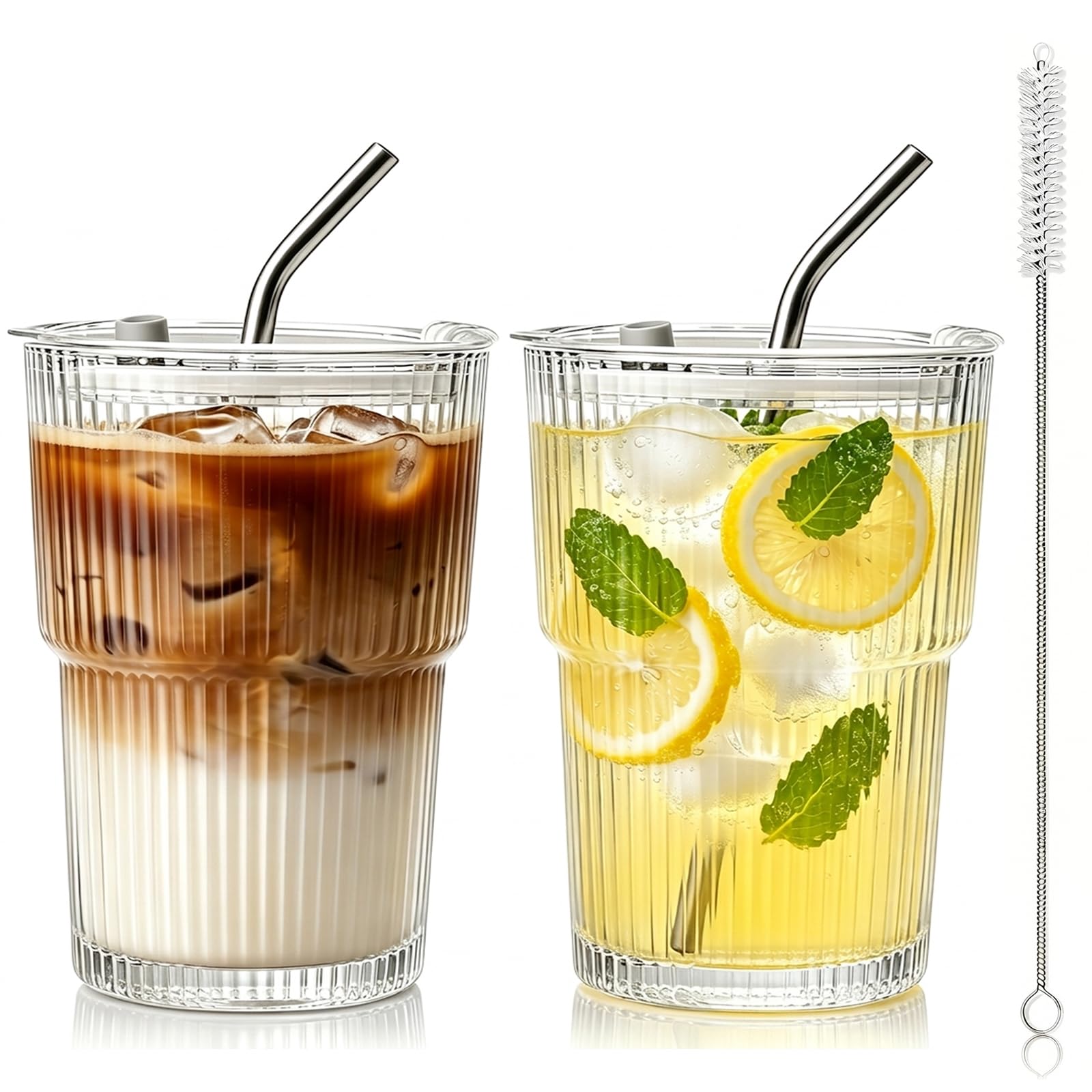 hosck 2 Pack Iced Coffee Cups with Lids, 400ml Clear Glass Tumbler with Straw and Lid, Dishwasher Safe & Leak Proof Drinking Glasses Set, Stylish Ribbed Glass Cups for Coffee Juice Tea Matcha Cocktail