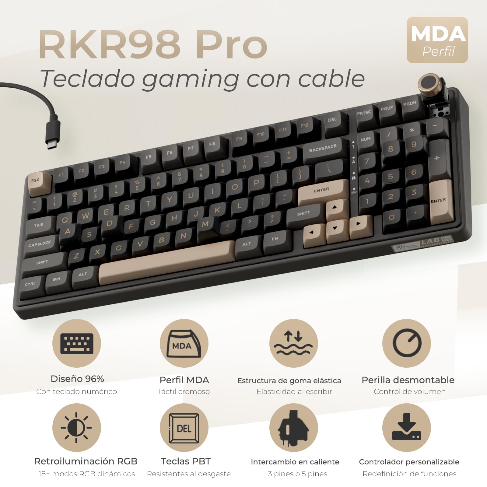 RK ROYAL KLUDGE R98 Pro Teclado Mecánico con Cable, 96% US Layout Teclado Gaming con Numérico, RGB, Perilla de Volumen, Gasket Structure, Teclas PBT MDA, Switch Lineal Pre-lubricado Hot-Swappable