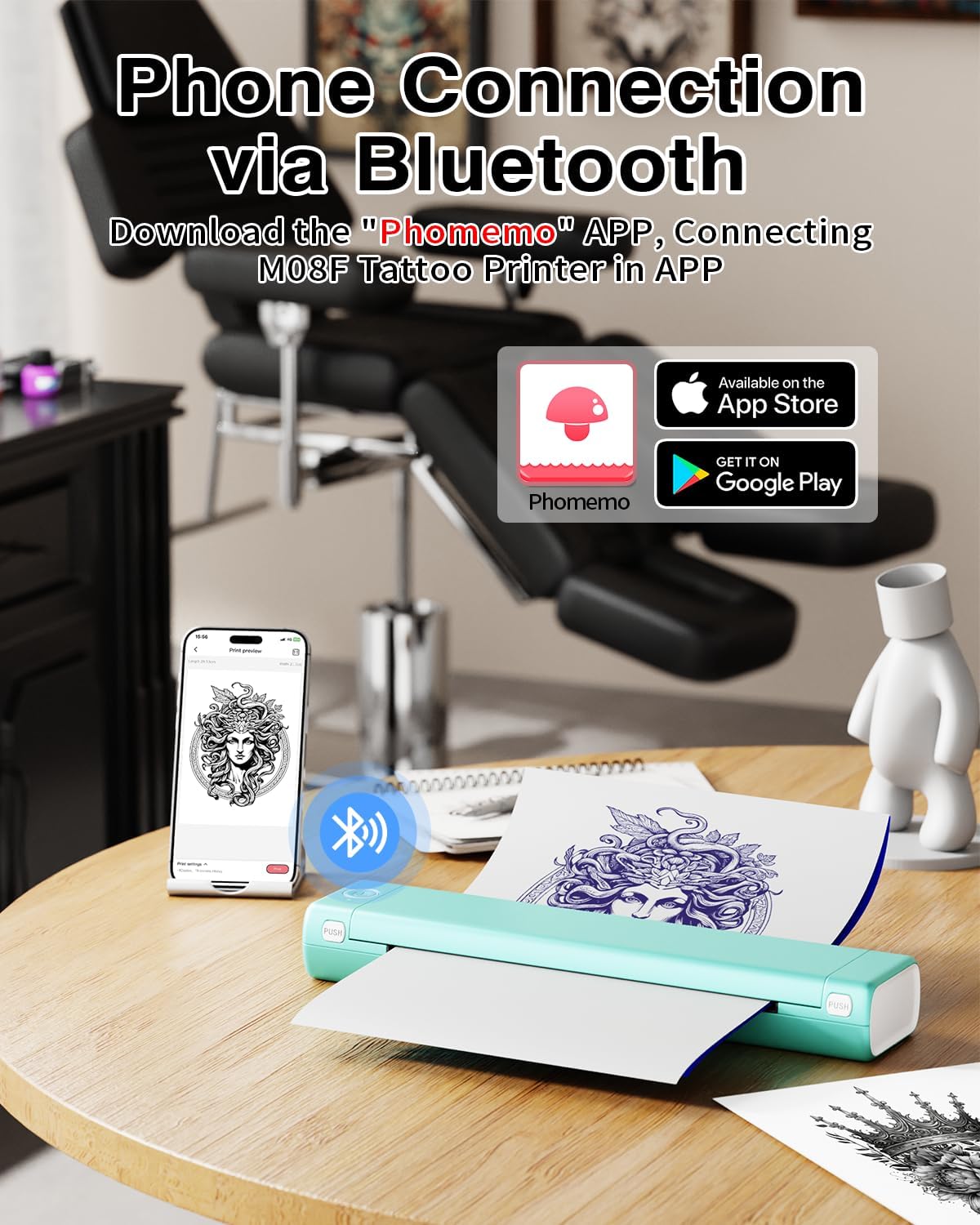 Phomemo M08F Wireless Tattoo Transfer Stencil Printer Green with 45PCS of Tattoo Transfer Paper Compatible wit, Bluetooth Tattoo Printer Compatible with Android, iOS and PC