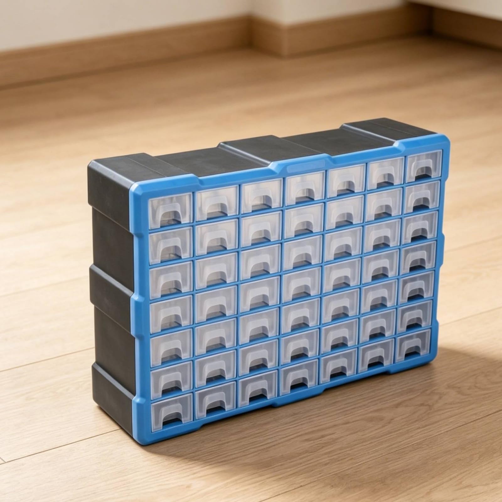Organizador de Componentes con 64 Cajones Transparentes Gabinete de Almacenamiento Cajonera de Piezas Archivador de Tornillos Distribución Eficiente, Azul