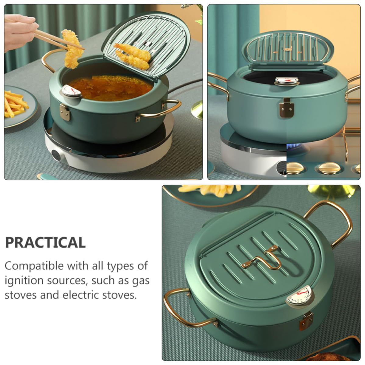 Pentola Frittura Mini in Acciaio al Carbonio Verde con Termometro