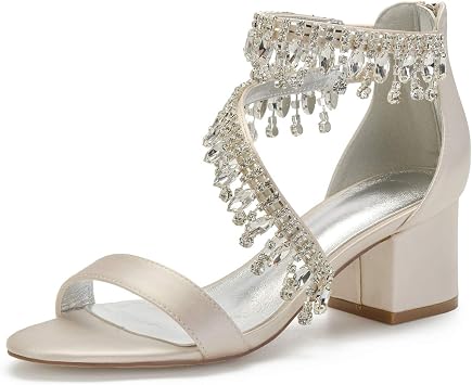 Charmstep Women Low Block Heel Wedding Sandals for Bride Satin Rhinestones Ankle Strap Open Toe Width Party Dress Shoes 702-14