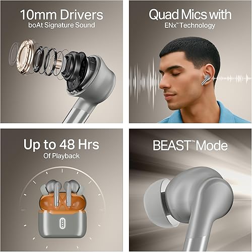 boAt Airdopes 141 Gen 2, 4 Mics ENx Tech, 48 Hrs Playback, Free Music Streaming, Fast Charge, Low Latency, IPX4, v5.4 Bluetooth Earbuds, TWS Ear Buds Wireless Earphones with mic (Grey)(Grey)