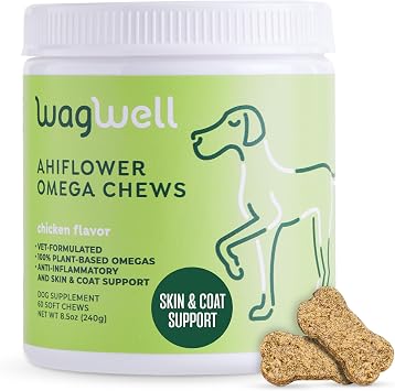 WagWell Ahiflower Omega Chews for Dogs | Vet-Formulated Health Supplement for Joints, Skin, Coat | Plant-Based Omega 3-6-9 | for Dogs of All Ages & Sizes, All Natural, Made in USA | 60 Chews