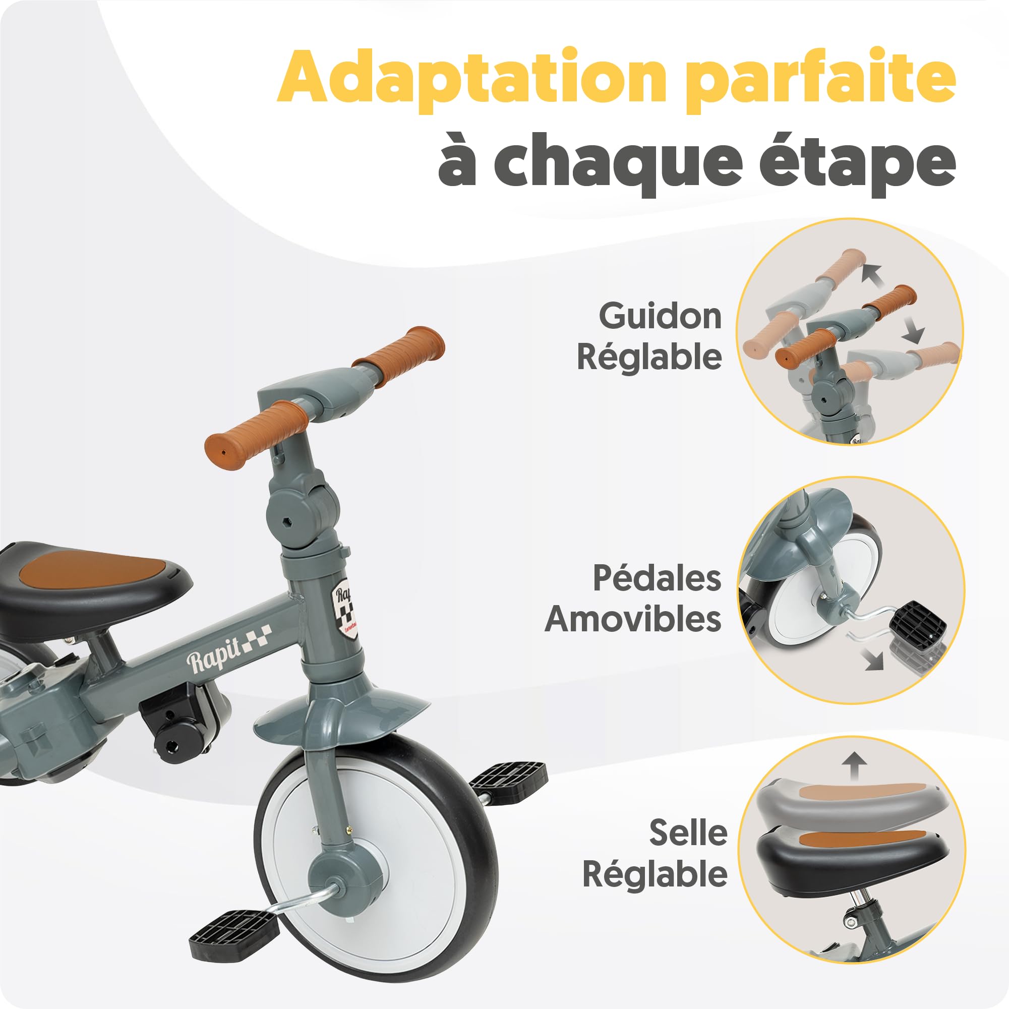 Interbaby Tricycle Bébé Évolutif 5 en 1 | Draisienne & Vélo 1-5 Ans (Gris) | Poignée Parentale Réglable, Ceinture de Sécurité EN71 | Transformable sans Outils | Léger 5,2 kg