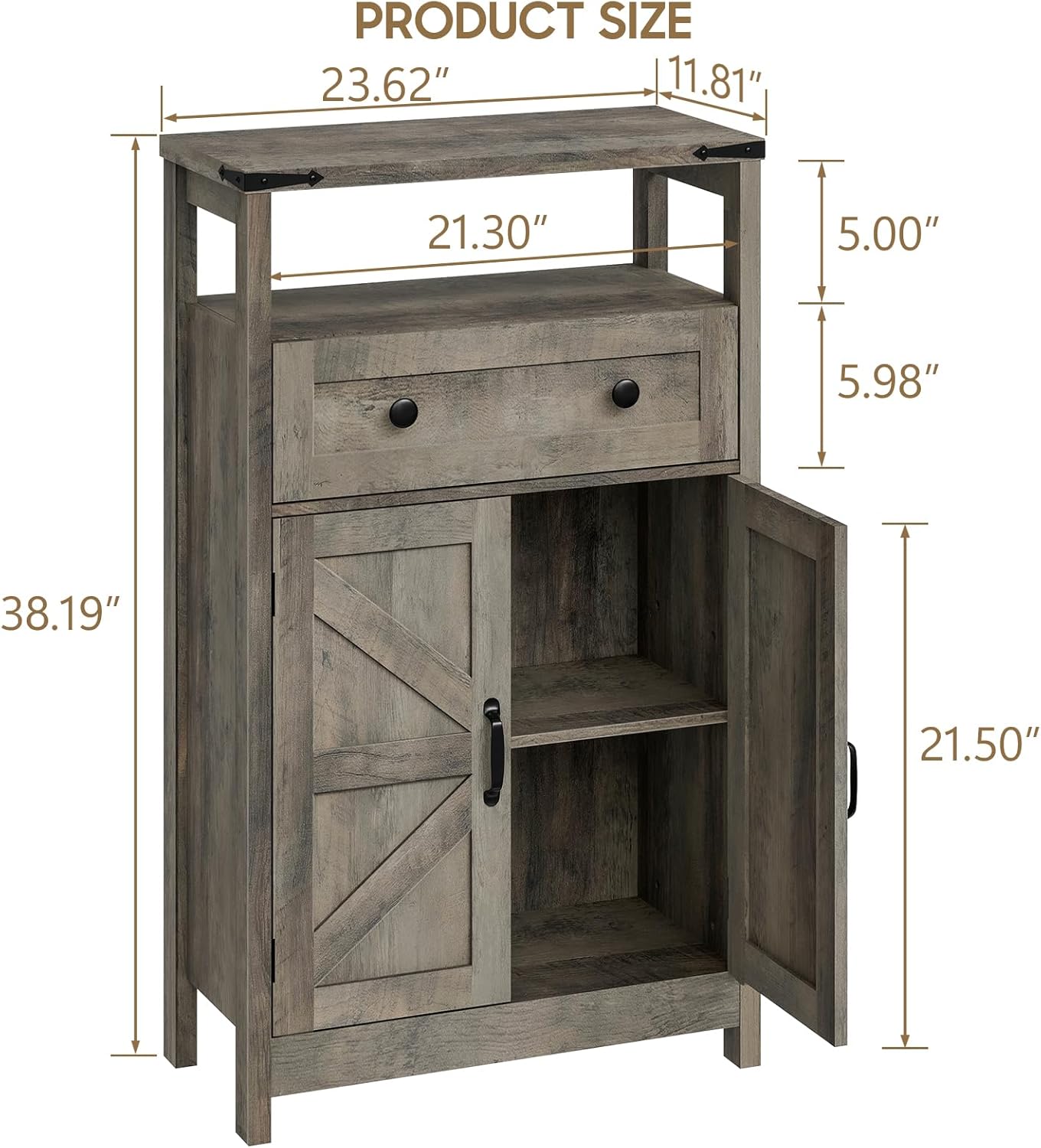 Farmhouse Bathroom Storage Cabinet with Barn Doors, Bathroom Storage Organizer with Drawers, Rustic Freestanding Floor Cabinet for Kitchen, Living Room, Grey