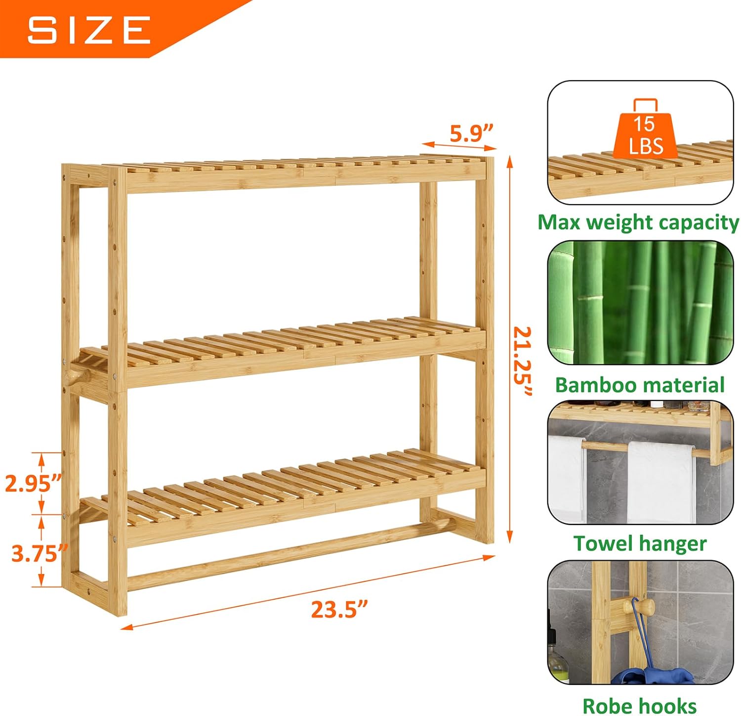 RRX Bathroom Shelf Storage Organizer, Bathroom Shelf 3-Tier Adjustable Layer Bamboo Organizer with Bar, Hanging, Freestanding Over Toilet Utility Shelves, Beige