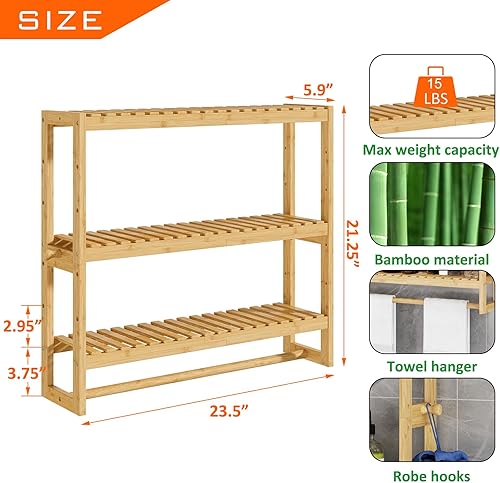 Miniatura 3 de RRX Organizador de almacenamiento de estante de baño, estante de baño, organizador de bambú de 3 niveles ajustable con barra, colgante, estante