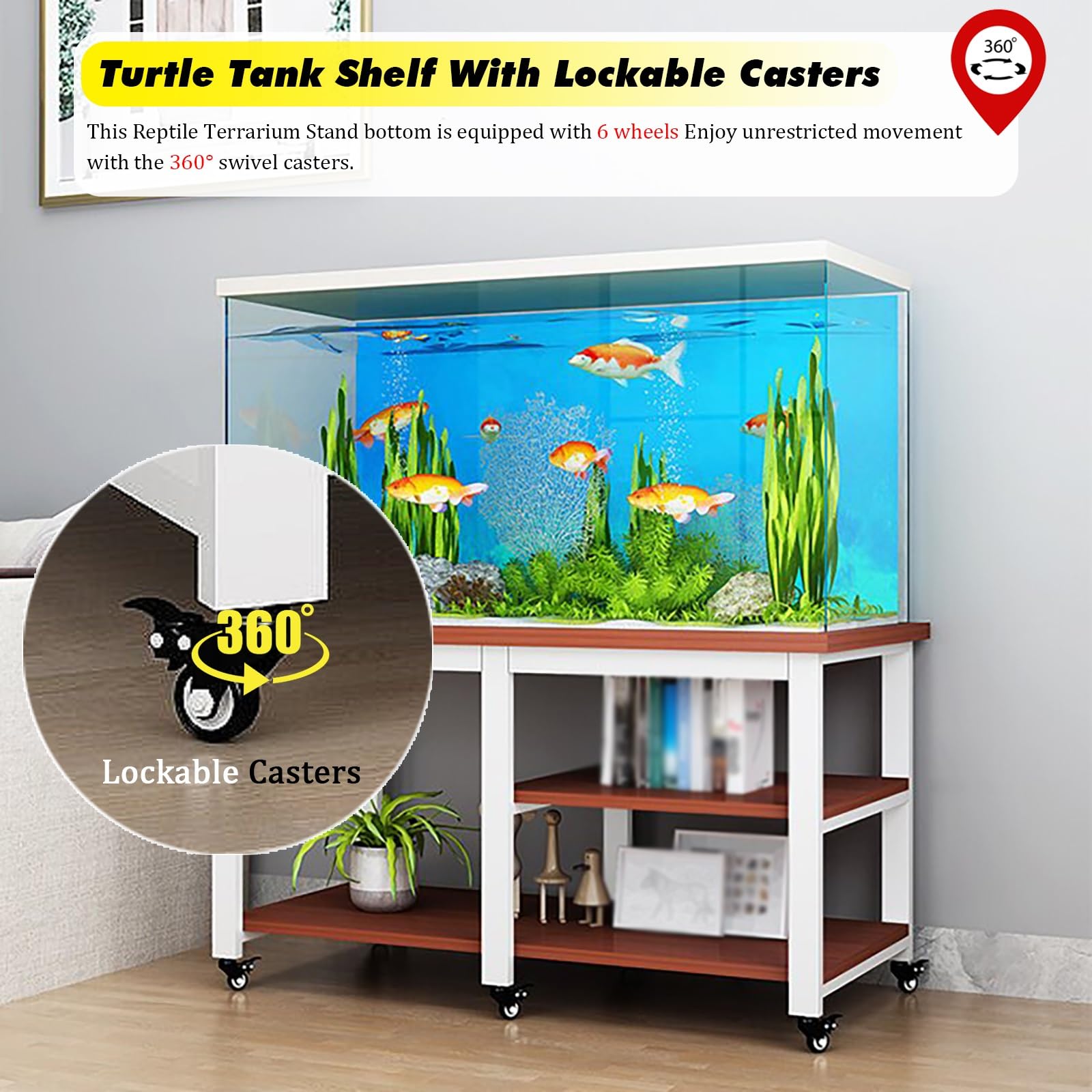 Mobiletto portaoggetti per Acquario Resistente con Ruote girevoli e Pannello in Legno, scaffale antiruggine per acquari, Perfetto per allevatori di Tartarughe e acquariofili