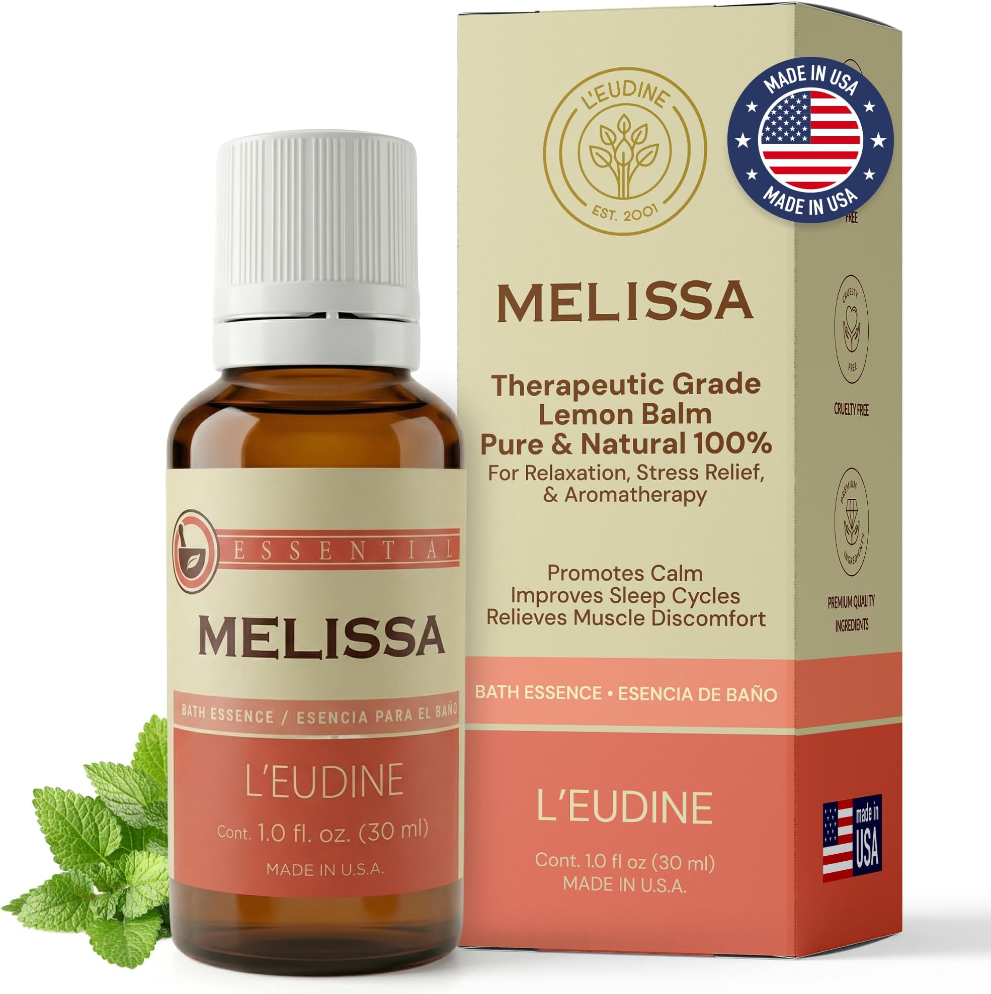 L'eudine Melissa Essential Oil โ 1fl oz Therapeutic-Grade Lemon Balm Essential Oil โ All-Natural Pure Lemon Balm Extract โ Multipurpose Melissa Oil Essence for Aromatherapy, Stress-Relief, Muscle Pain