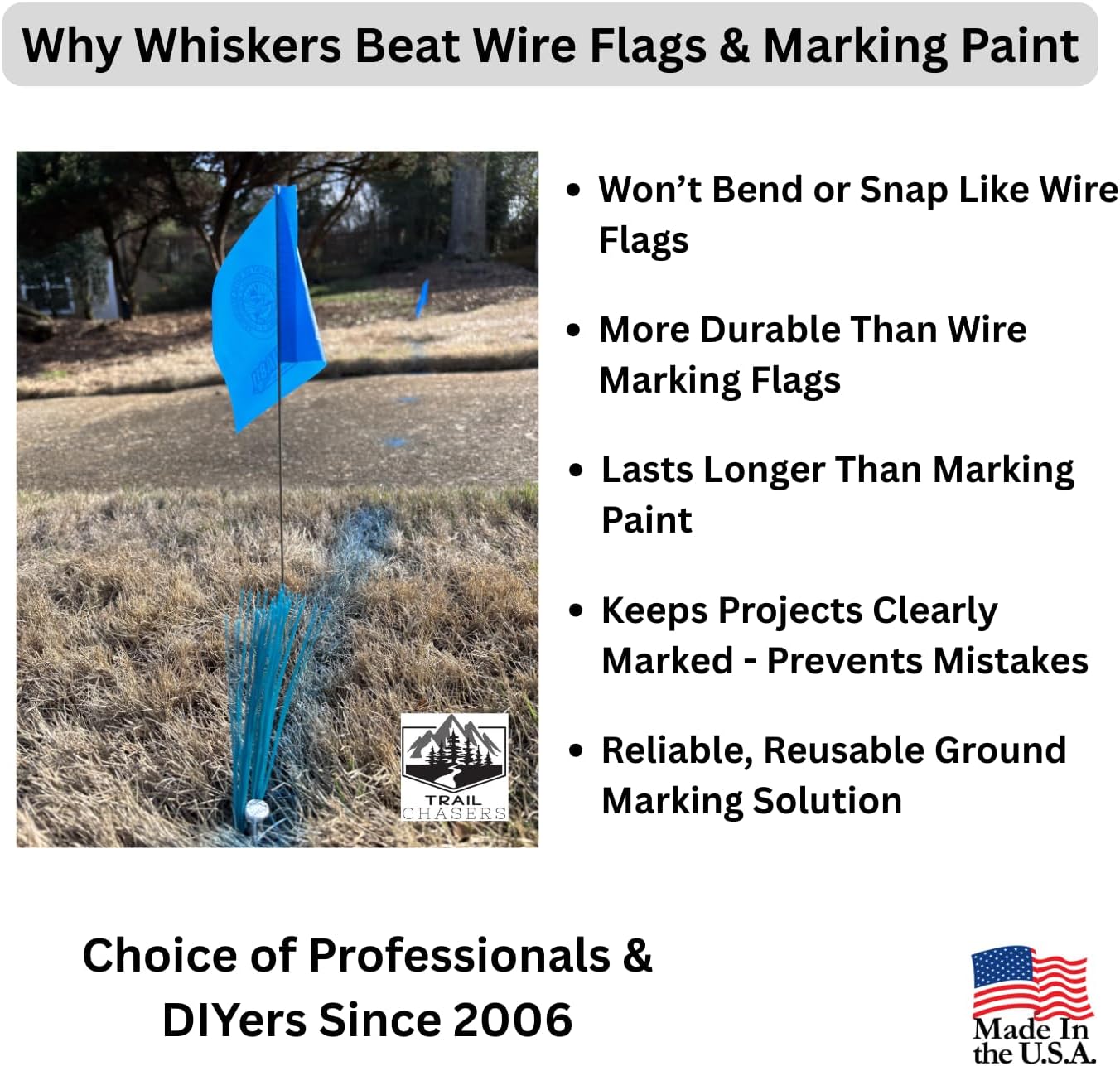 Trail Chasers® Blue Marking Flags (Whiskers), 6" Ground Markers with Steel Stakes, 25 Pack for Survey & Construction