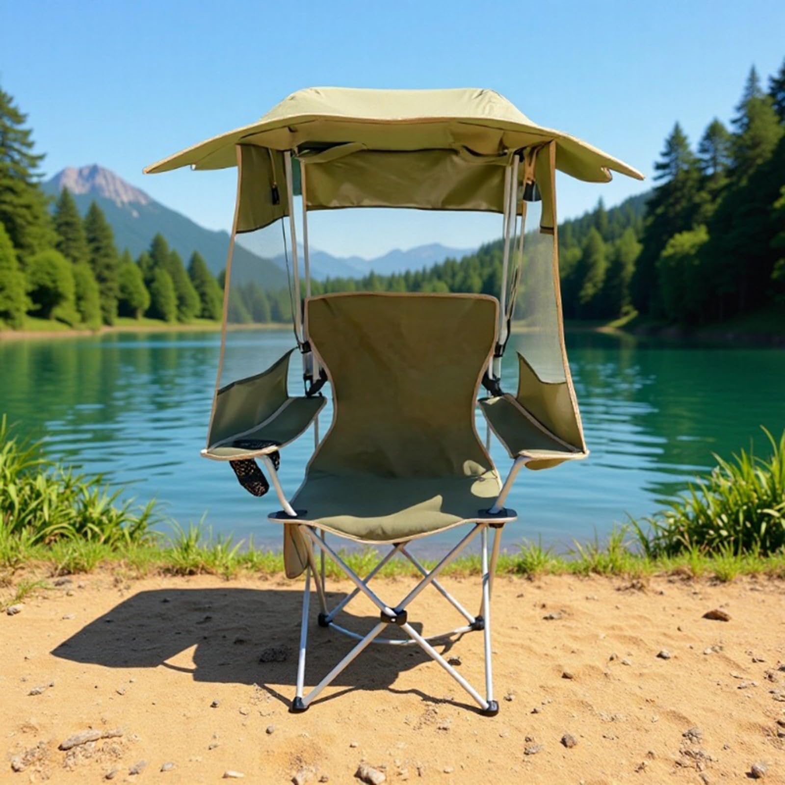 Sedia pieghevole per evidenziare riparo modificabile e tasche laterali, ideale per spiaggia, campeggio e incidenti sportivi con portabicchieri