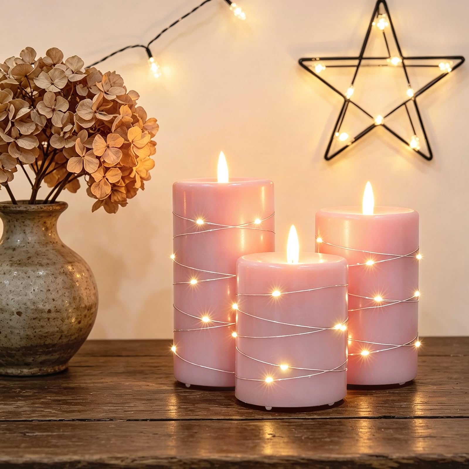 Candele LED Senza Fiamma set 3,Real Wax Pilastro Luce Candela Ricaricabili USB,con telecomando e timer Candele LED per festa, decorazione abitativa, campeggio, matrimoni (rosa)