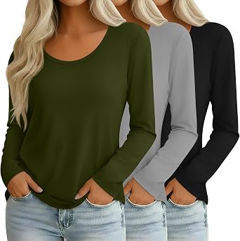 Ficerd 3 Pack Womens Long Sleeve Shirts Casual Scoop Neck Basic Tops Solid Layer T Shirts for Ladies