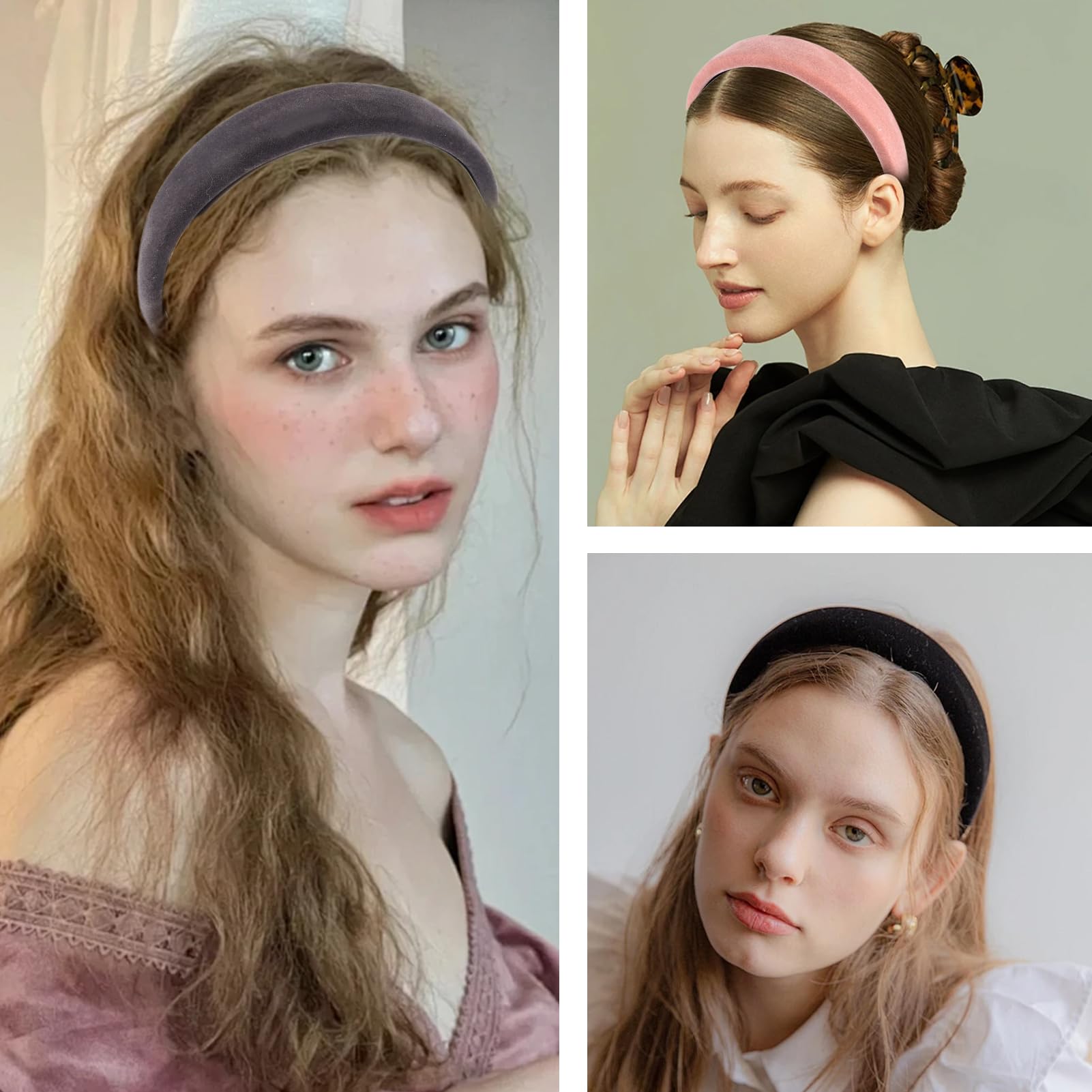 Juego de 4 diademas de terciopelo para mujeres y niñas, paquete de diademas anchas antideslizantes negras gruesas para adultos, bandas acolchadas para el pelo suave, para cabello largo, corto, fino,