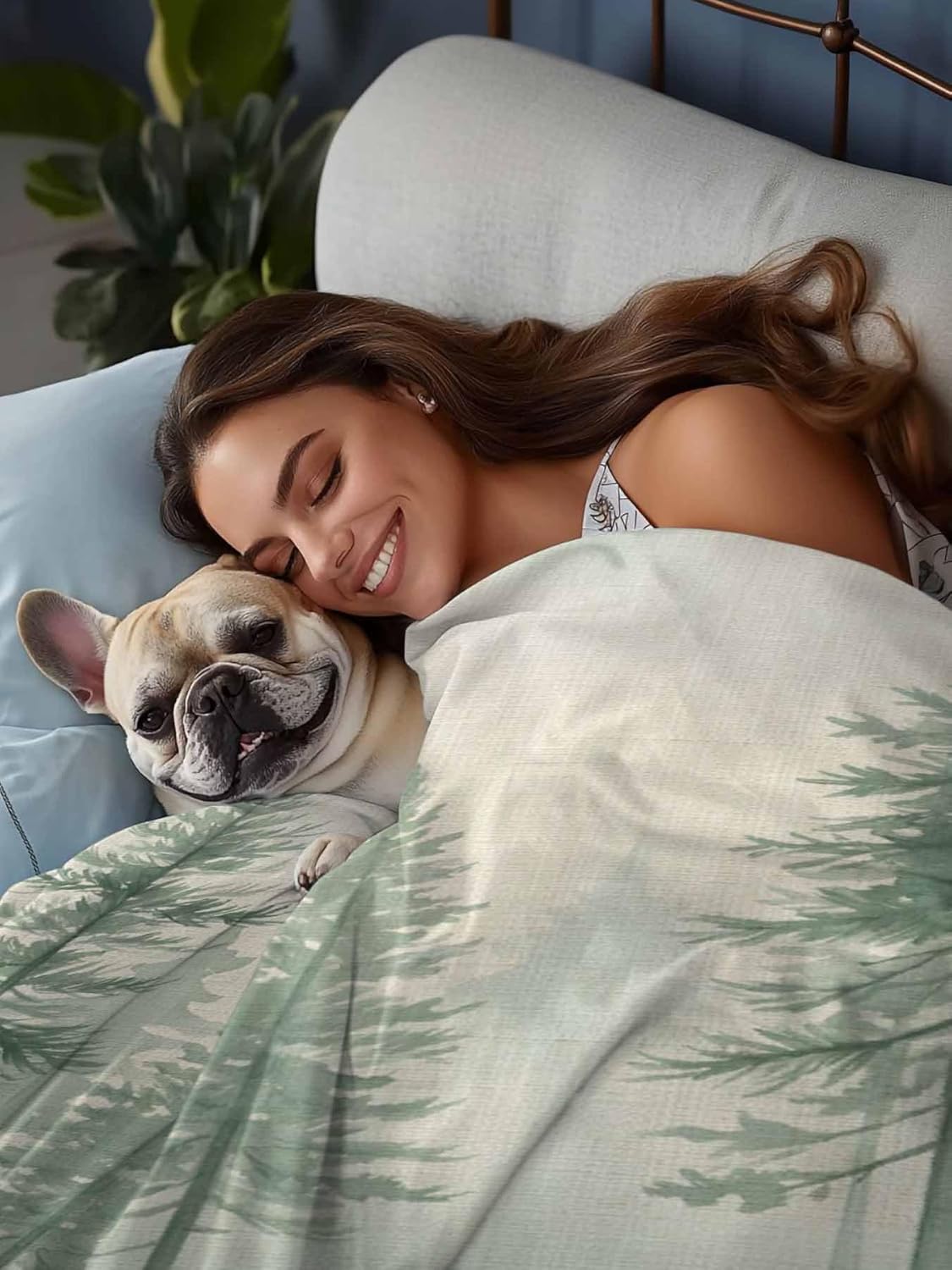 Top Sheet Full Bedding Flat Sheet Only, Watercolor Green Tree Retro Linen Microfiber Bed Sheets Soft Breathable Bedding Flat Sheets, Mist Forest Plant Hotel Luxury Top Sheets