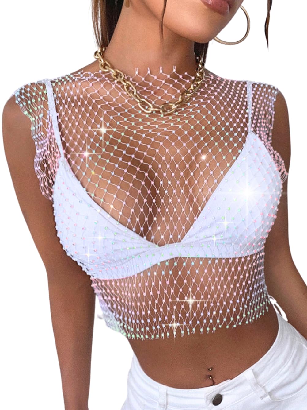 ChiaoLezhee Iridescent Rhinestone Crop Top, Rave Concert Festival Outfits Women, Sexy Sparkly Fishnet Tanks, Sheer Mesh Shirt