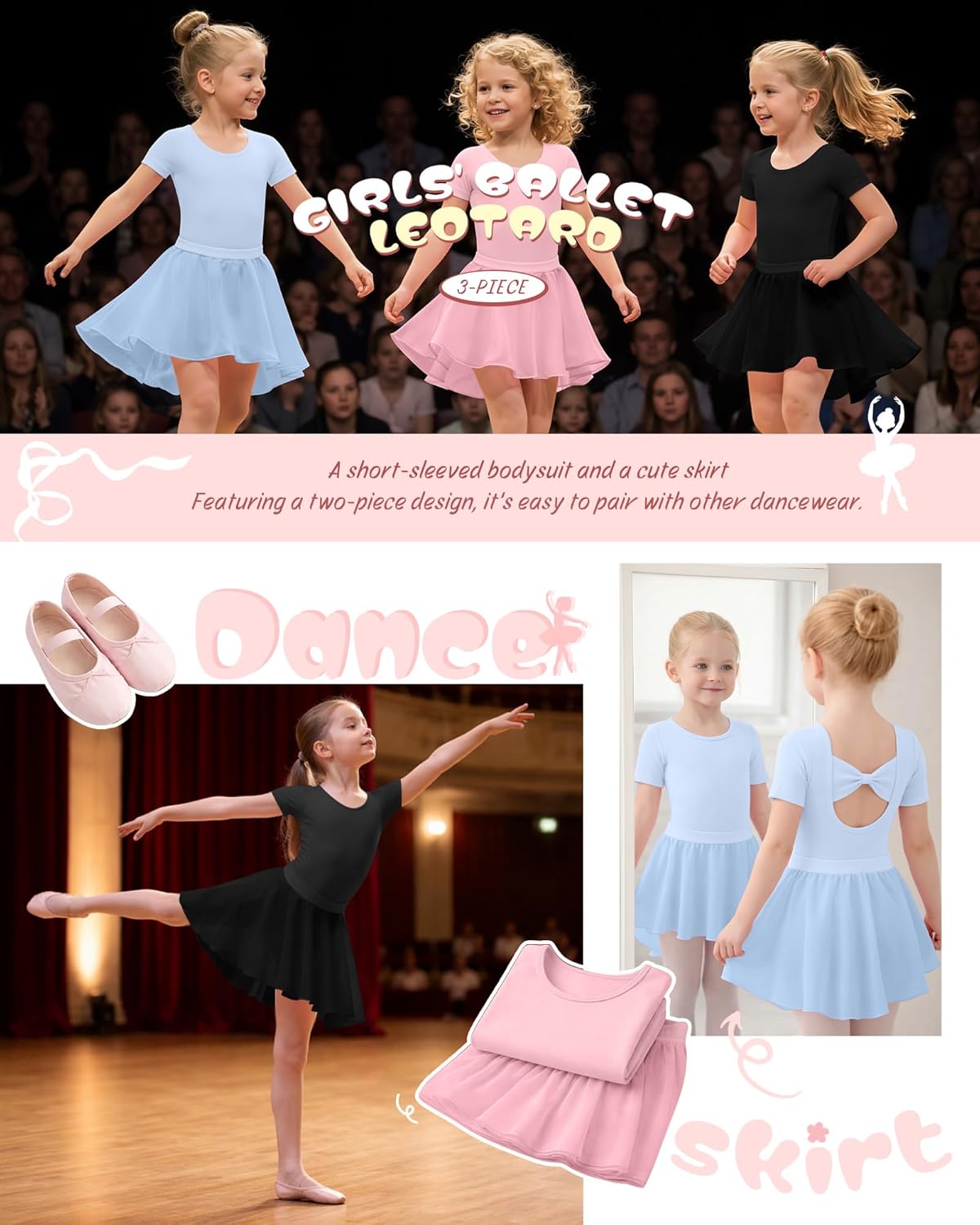 3 Pack Ballet Leotards for Girls Short Sleeve Dance Dress with Removable Skirt Toddler Ballet Outfit with Bow Back