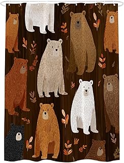 Shrahala Cute The Bear in Rustic Brown Decorative Shower Curtain, Bears Leaves Pattern Bathroom Décor Polyester Fiber Waterproof with Plastic Rings for Shower Stall Bathtubs 72 x 72 in