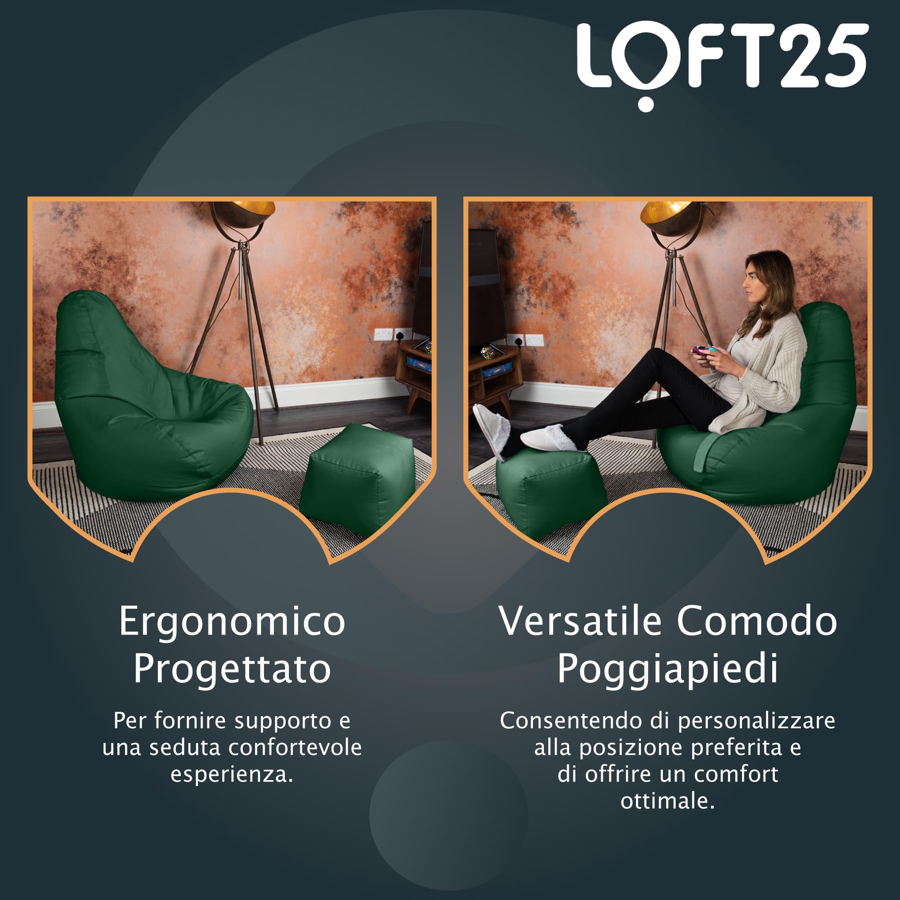 Loft 25 Sedia Gaming Bean Bag per Adulti | Seduta A Sacco per Esterni e Interni | Resistente all'Acqua Pouf | Puff Poltrona Sacco con Schienale (Bean Bag + Poggiapiedi, Verde)