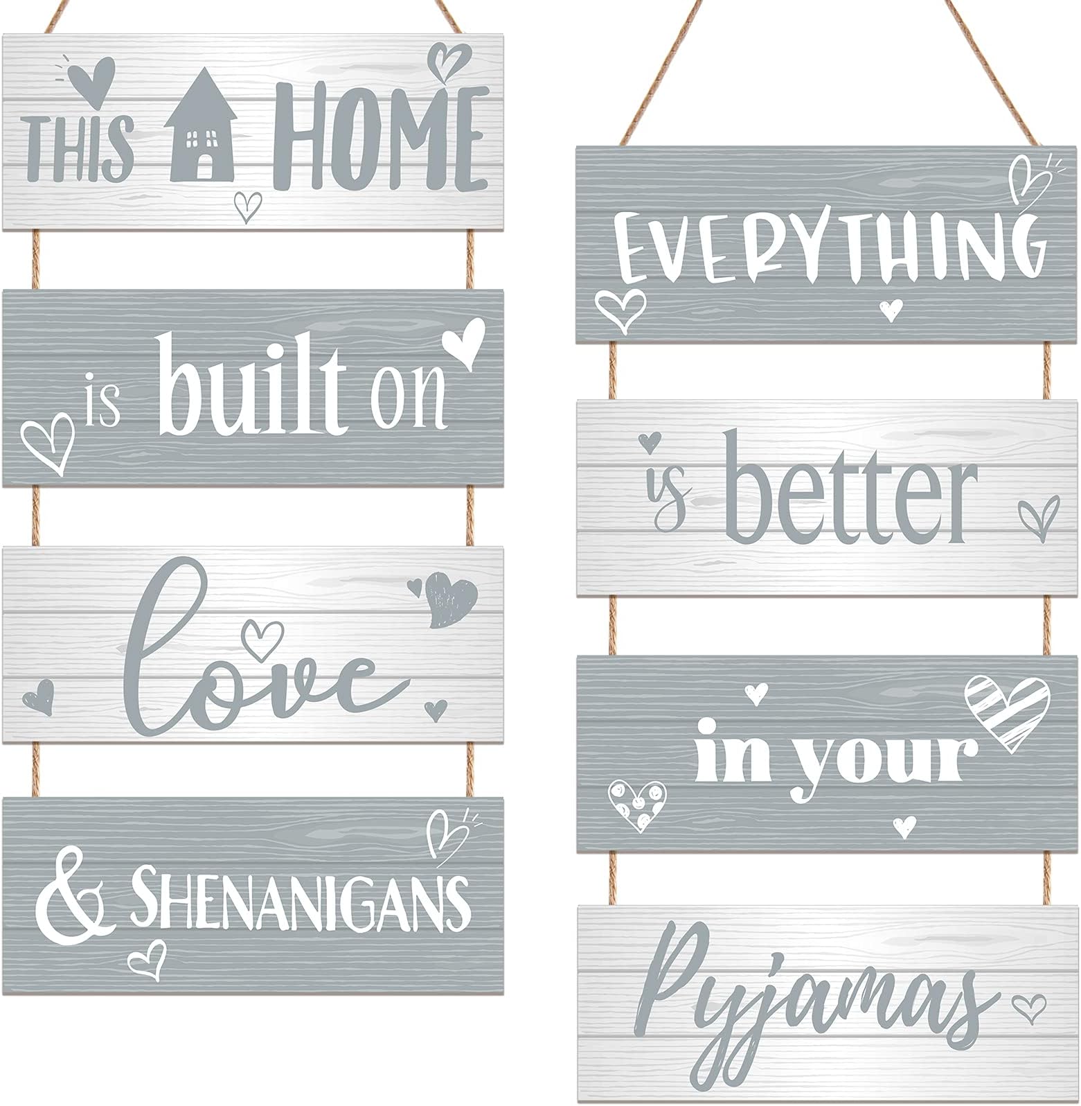 Jetec 2 Sets This Home Is Built on Love and Shenanigans Hanging Wood Sign Everything Is Better in Pajamas Hanging Door Decor Sign Wooden Wall Decoration for Hallway Living Room Bedroom Indoor Outdoor