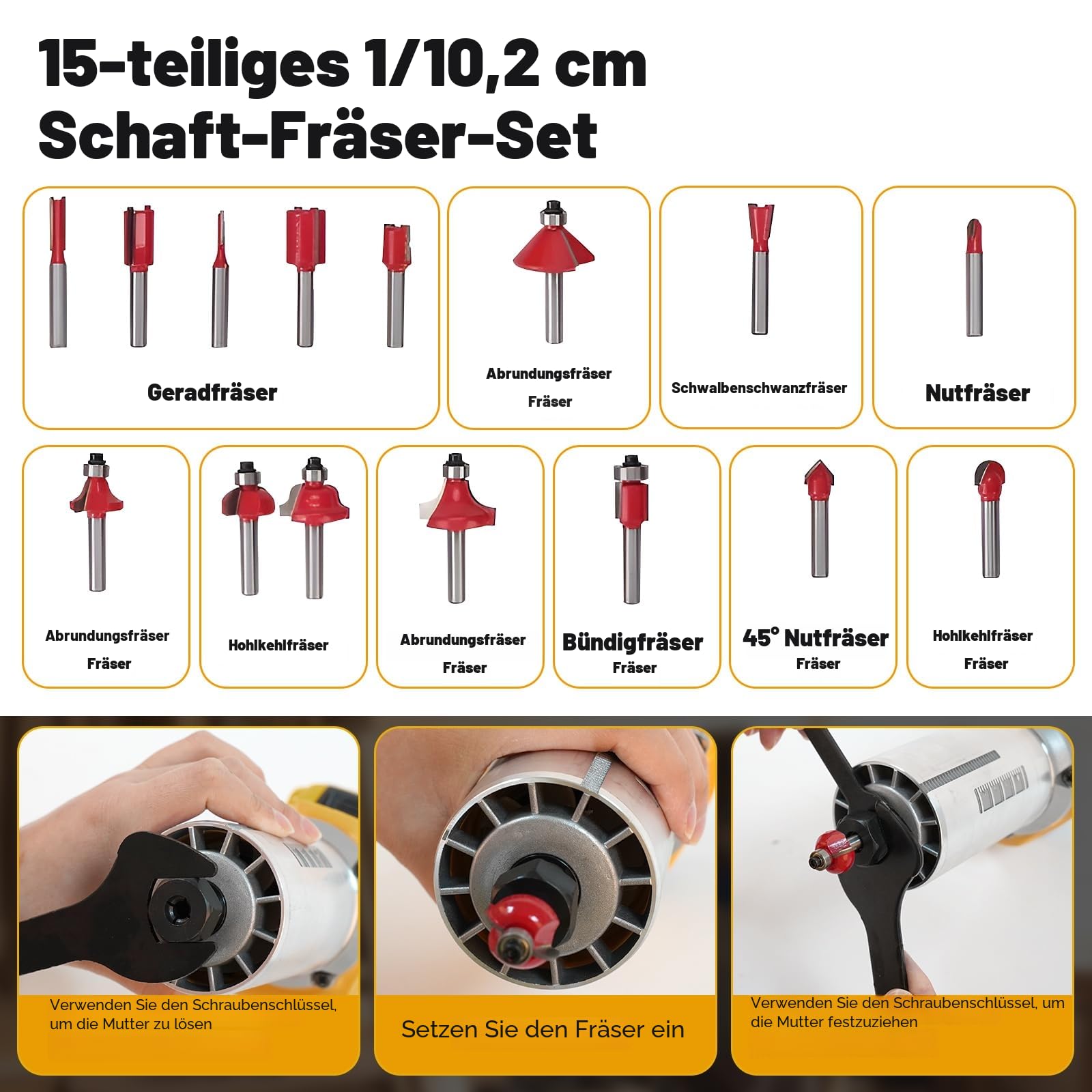 Akku Oberfräse für Makita 18 V, 800 W Bürstenloser Oberfräse Trimmer Einhandfräse Kantenfräser 30.000 U/min Akku-Holzfräser mit 15 Stück 1/4-Zoll-Schaft Fräser Set (ohne Akku)
