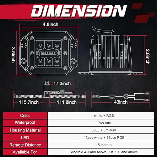 Miniatura 4 de OFFROADTOWN - Luces LED de montaje empotrado, luces LED RGBW de 5 pulgadas, 60 W, luces LED de conducción RGBW, barra de luz LED súper brillantes,
