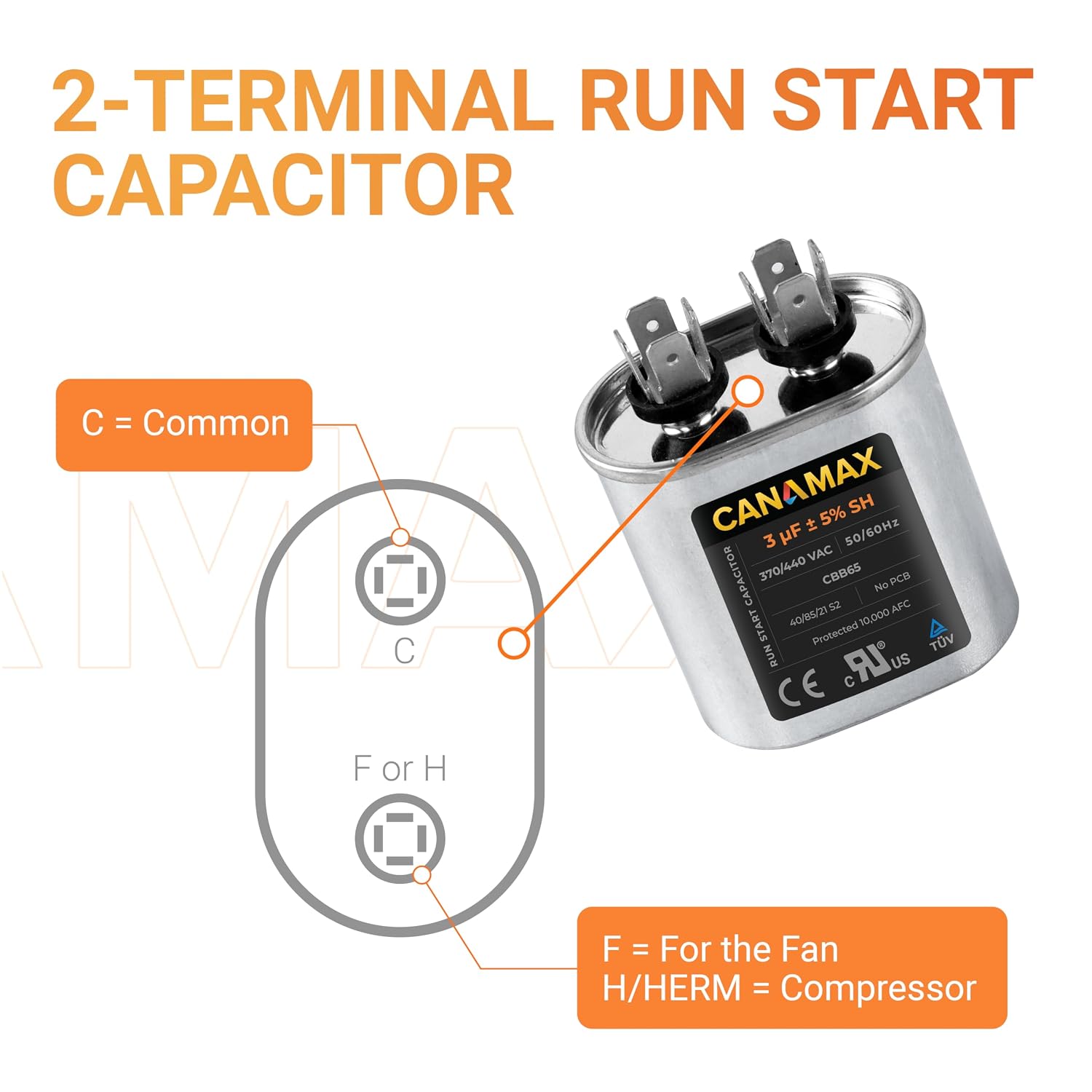 3 uF 3 MFD 50/60 Hz 370-440 VAC (3~80 uF Options Available) Volts Oval Start Capacitor - Compatible with AC Motor Run or Fan Start and Cool or Heat Pump Air Conditioner - C403 C403L C303 12027 4X425A