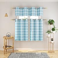 Vista 14 de Juego de 3 cortinas de cocina estilo campirano clásico con ventana de algodón y cenefa con ojales - Set de cenefa y volado a cuadros Buffalo en rosa
