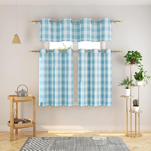 Miniatura 14 de Juego de 3 cortinas de cocina estilo campirano clásico con ventana de algodón y cenefa con ojales - Set de cenefa y volado a cuadros Buffalo en rosa