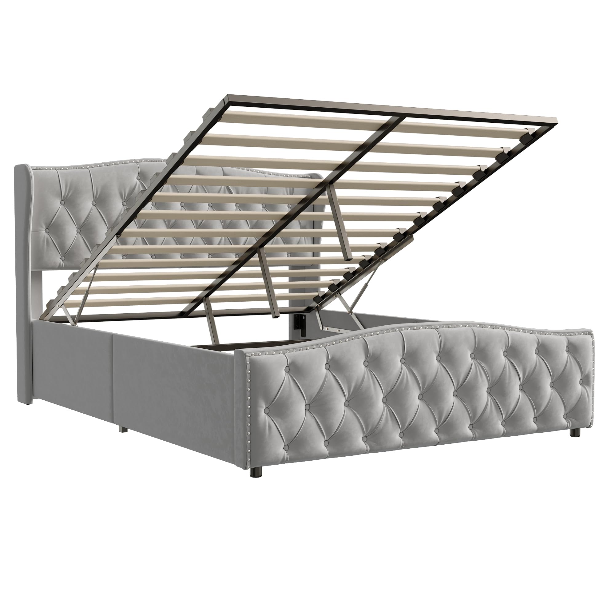 Polsterbett 140x200 cm mit Unterbettkommode, Doppelbett mit Kopfteil und Lattenrost, Samt, für Erwachsene und Jugendliche geeignet, beige-graues Polsterbett, Ohne Matratze(Grau, 140x200cm)